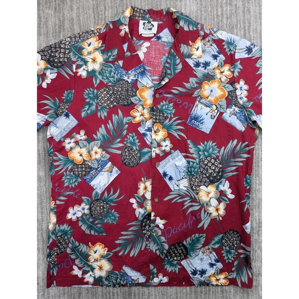 Vintage Hilo Hattie Mens Hawaiian Shirt L Red Floral Aloha Tiki Camp 90s USA